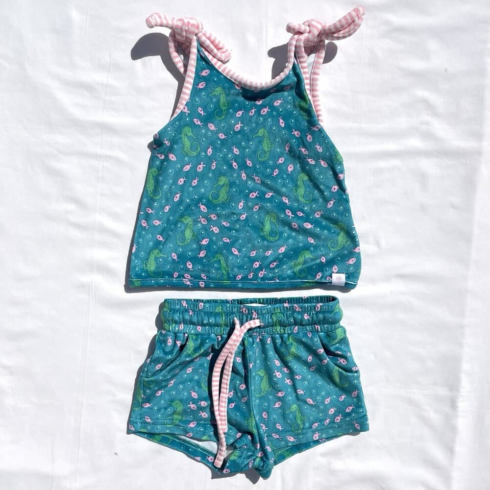 SweetHoney Girls 2T Velour Tank Top Shorts Set Teal Pink Fish Cover Up